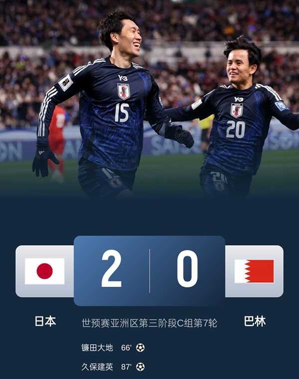 日本2-0巴林提前晋级世界杯:久保建英闪耀,亚洲足坛再创新纪录