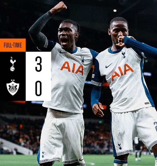 欧联杯:-热刺3-0卡拉巴赫 德拉古欧战首秀染红 索兰克传射,约翰逊、萨尔破门