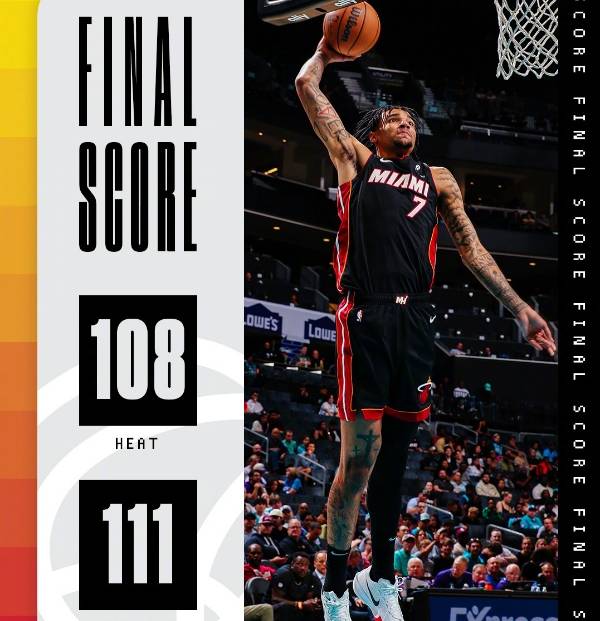 NBA战报:黄蜂111-108险胜热火,三球23分钟砍下24分6板5助