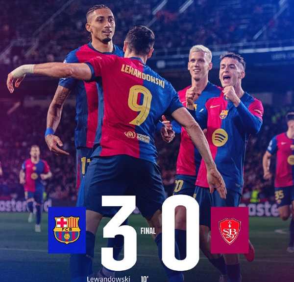 欧冠:巴萨3-0零封布雷斯特 莱万梅开二度+欧冠百球 奥尔默建功