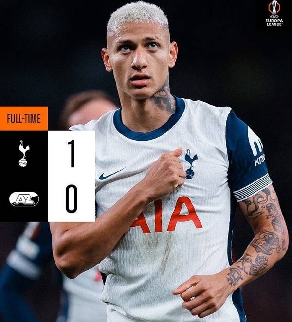 欧联杯:热刺1-0阿尔克马尔全胜积分榜第二 理查利森点射破门 维尔纳错失良机