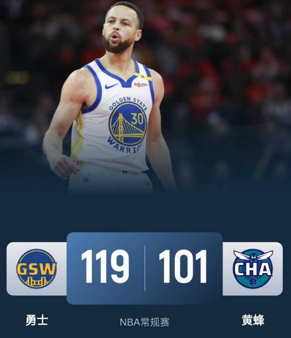 NBA今日战报:勇士119-101轻取黄蜂升至西部第6 库里21分10助 布里奇斯空砍35分