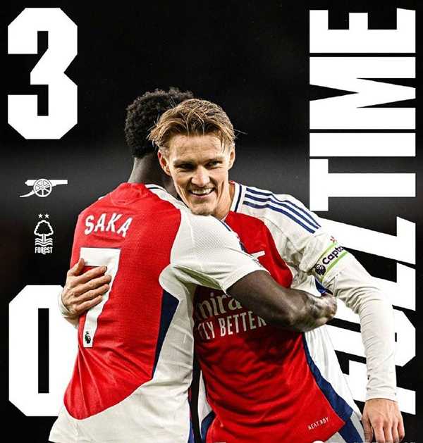 英超：阿森纳3-0大胜诺丁汉森林 萨卡造2球当选全场最佳 17岁恩瓦内里斩英超首球