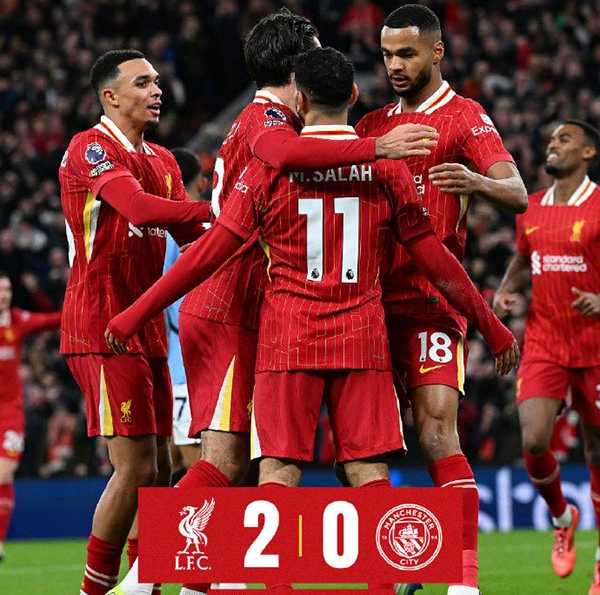 英超:利物浦2-0战胜曼城 萨拉赫造2球+失单刀 加克波建功