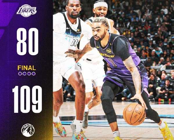 NBA常规赛:湖人80-109惨败森林狼,戈贝尔17+12,詹眉状态低迷仅得22分