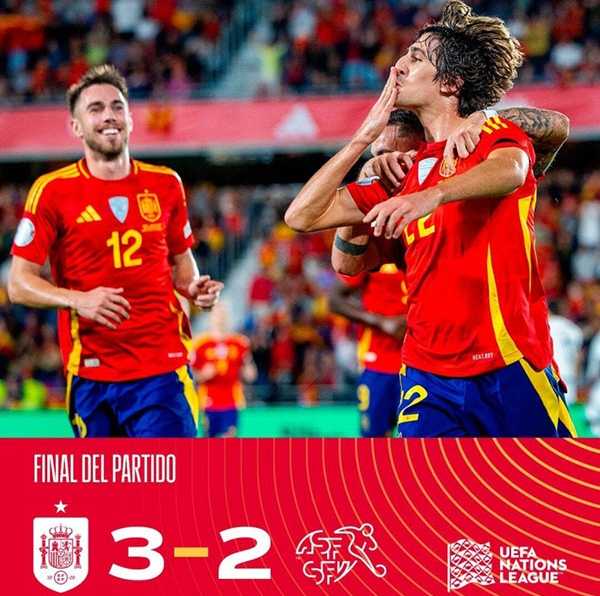 欧国联:西班牙3-2绝杀瑞士获5连胜 佩德里失点皮诺补射破门,萨拉戈萨点杀救主