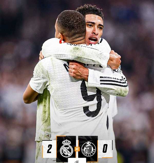 西甲:皇马2-0战胜赫塔菲少赛逼近西甲榜首 贝林厄姆造2球 姆巴佩贴地斩