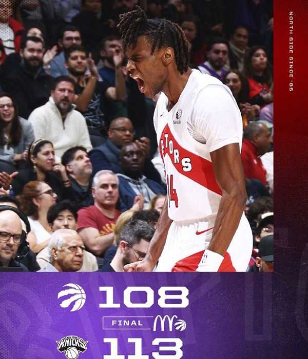NBA:尼克斯113-108猛龙 唐斯24+15+6 巴雷特30+8 巴恩斯伤退