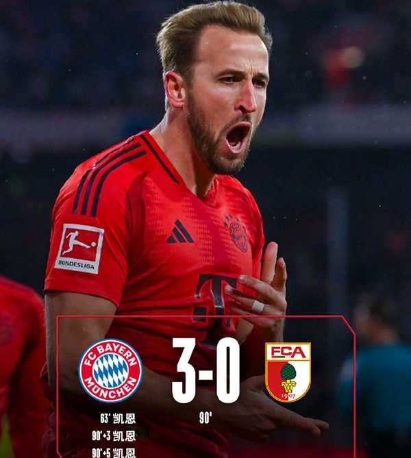 德甲：拜仁3-0横扫奥格斯堡迎6连胜 凯恩戴帽破纪录 格雷茨卡助攻