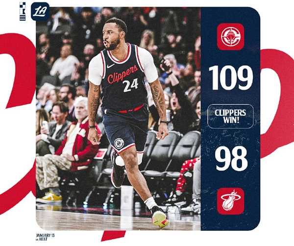 NBA:快船109-98热火 哈登26+11 祖巴茨21+20 希罗32+11