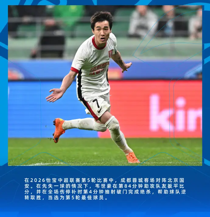 中超官方官宣！韦世豪传射绝杀国安，当选第五轮最佳球员